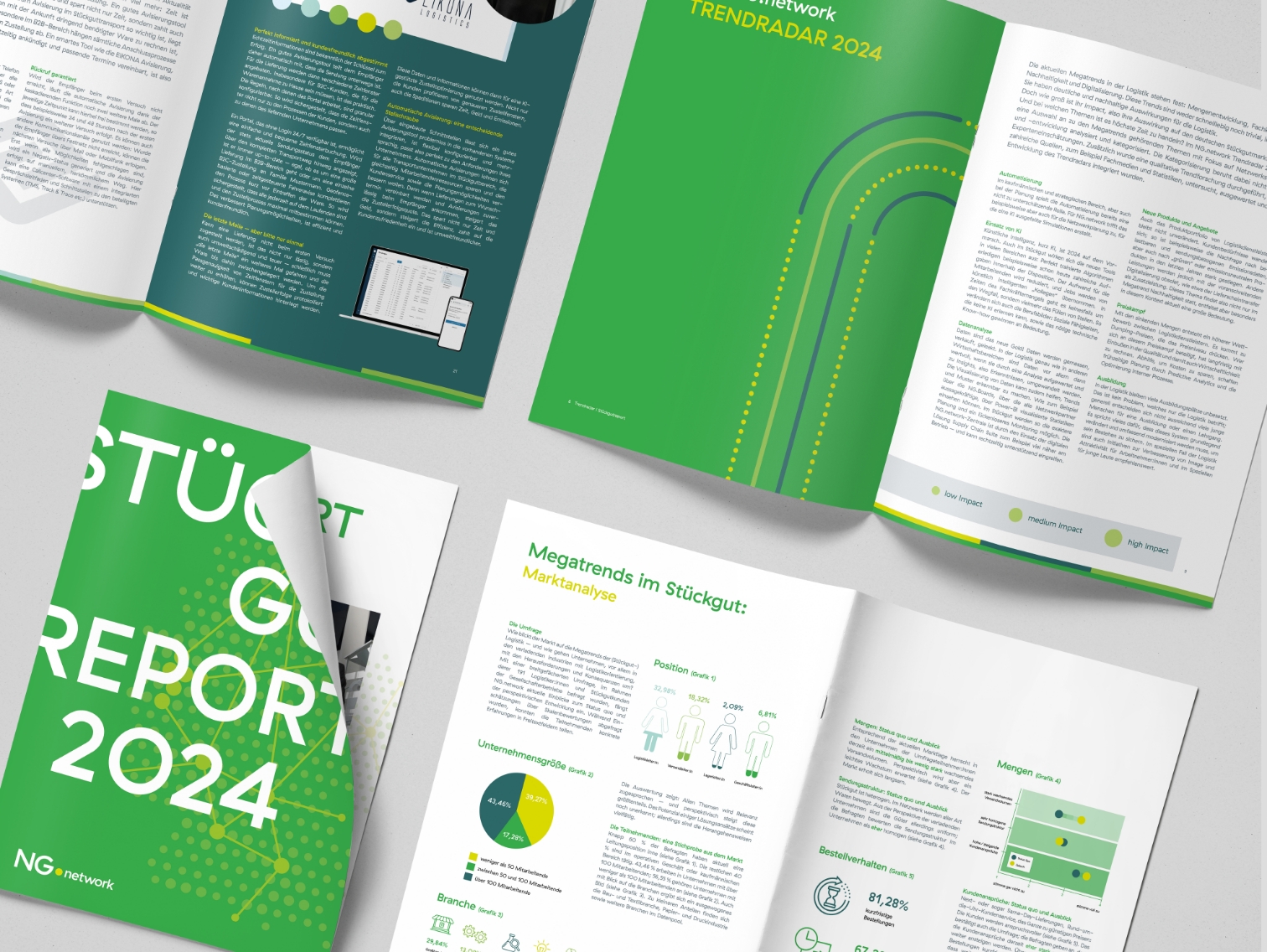 Mehrere aufgeschlagene Broschüren und Magazine liegen auf einer ebenen Fläche und zeigen auf grünen und weißen Seiten mit Diagrammen, Grafiken, Texten und dem Titel "STÜCKGUT REPORT 2024" die Trends in Transport und Logistik. - NG.network