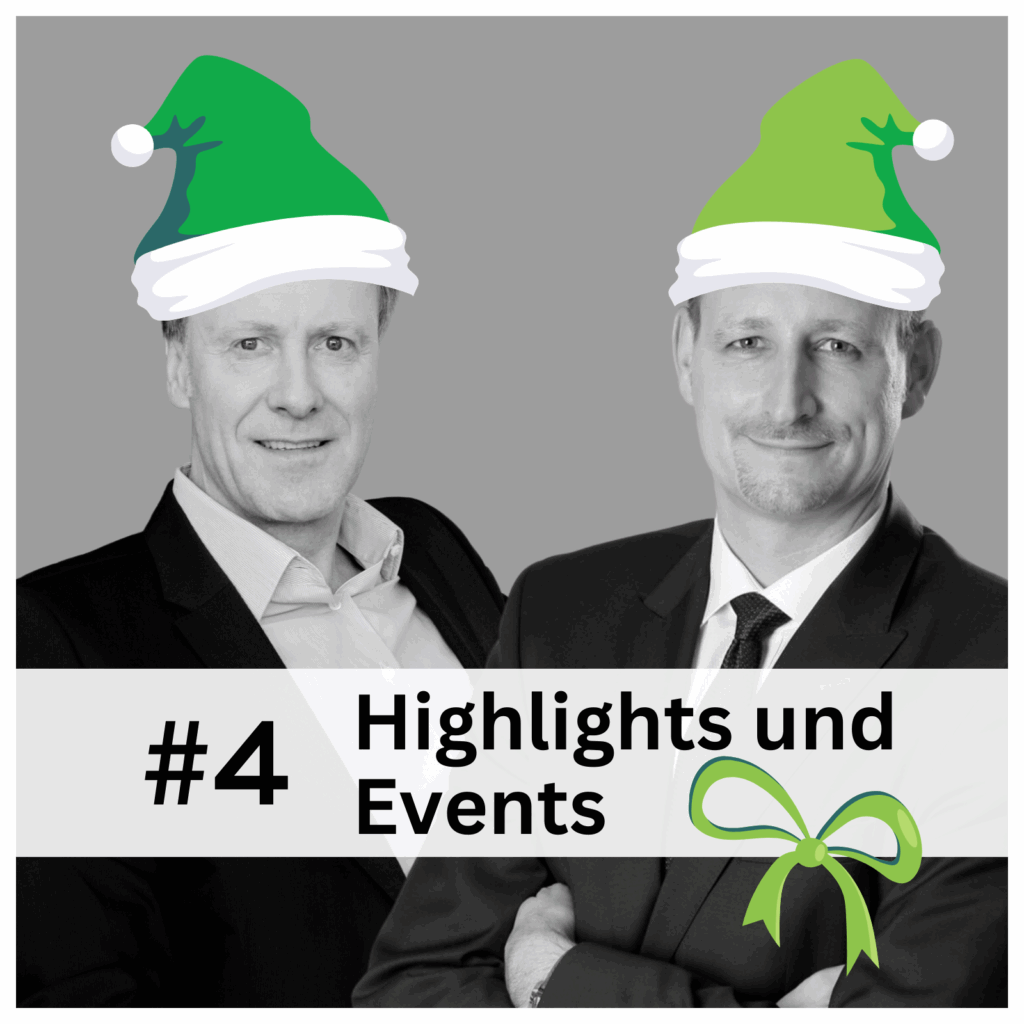 Zwei Männer in Anzügen tragen auf einem Schwarz-Weiß-Foto grüne Weihnachtsmannmützen, die Kooperation symbolisieren. Ein weißes Banner mit der Aufschrift "#4 Highlights und Events" und einer grünen Schleife ist am unteren Rand eingeblendet. Der graue Hintergrund sorgt für Kontrast. - NG.network