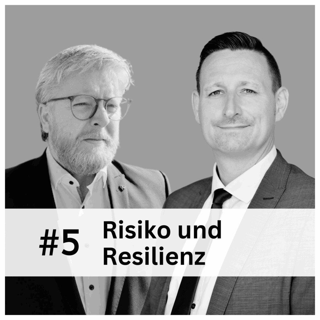 Zwei Männer in Geschäftskleidung stehen Seite an Seite vor einem schlichten grauen Hintergrund. Der überlagerte Text lautet: "#5 Risiko und Resilienz - Kooperation in der Logistik. - NG.network