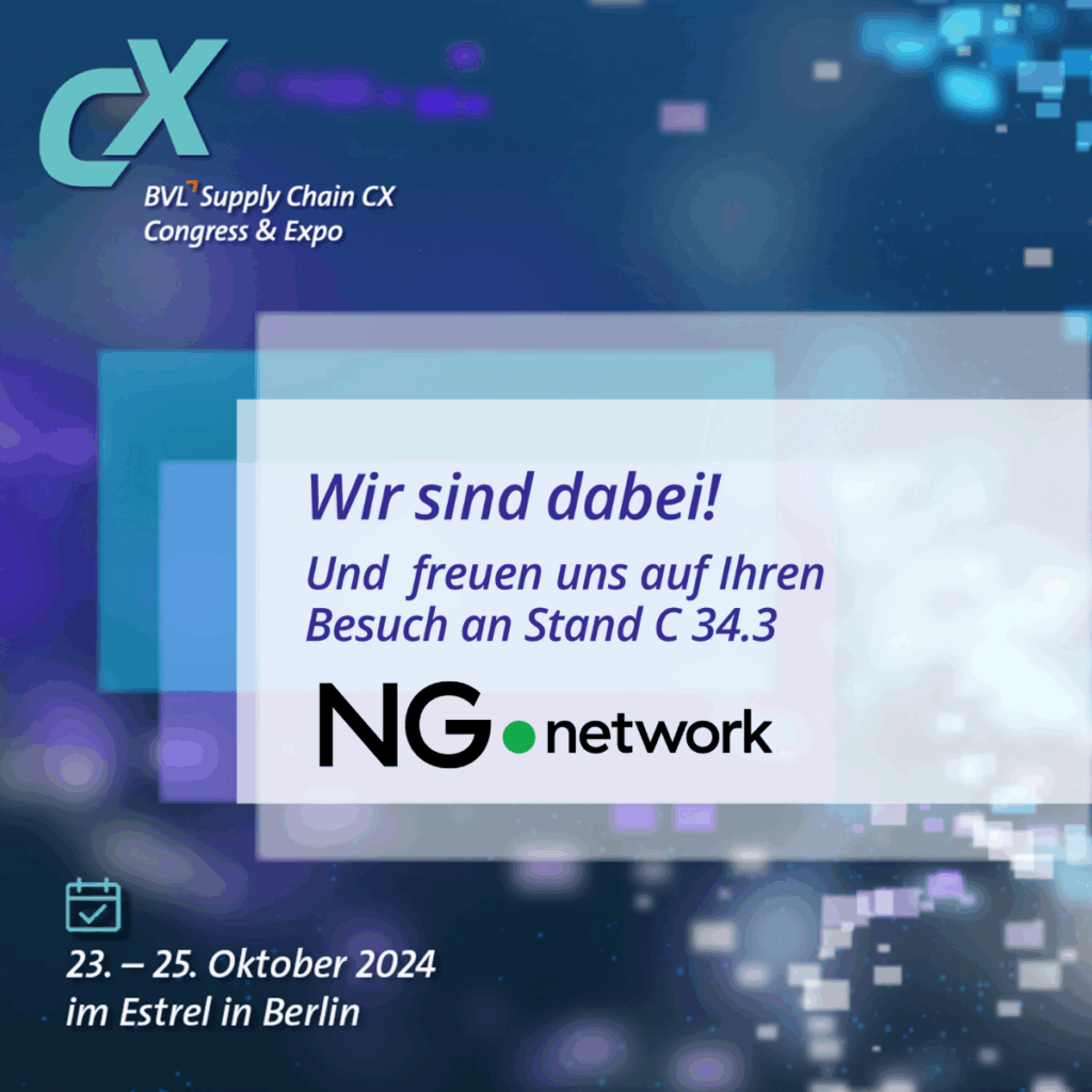 Werbegrafik für BVL Supply Chain CX Congress & Expo zeigt NG.network als Aussteller am Stand C 34.3. Fokus auf Logistik und Transport. Die Veranstaltung findet vom 23. bis 25. Oktober 2024 im Estrel in Berlin statt und wird von abstrakten blauen Formen begleitet. - NG.network