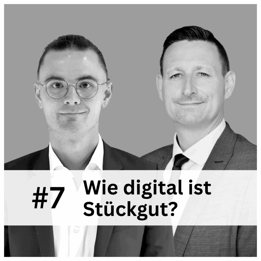 Zwei Männer in Business-Kleidung stehen nebeneinander vor einem schlichten grauen Hintergrund. Auf einem weißen Banner am unteren Rand steht "#7 Wie digital ist Stückgut?" und verdeutlicht die Rolle der Digitalisierung im Logistik-Sektor in Deutschland. - NG.network