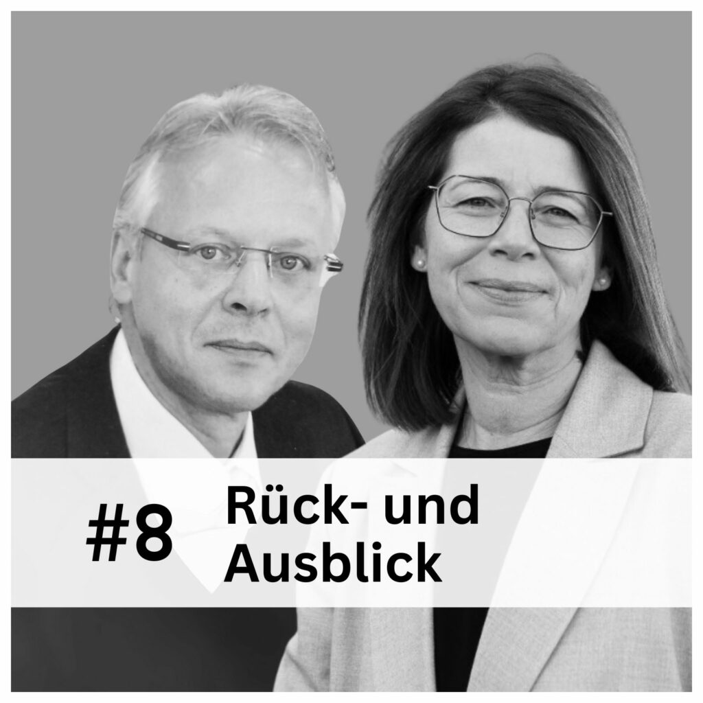 Zwei professionell gekleidete Erwachsene, ein Mann und eine Frau, posieren vor einem schlichten grauen Hintergrund. Der deutsche Text lautet "#8 Rück- und Ausblick", was auf eine nummerierte Serie über Kooperation und Präzision in ihrem Bereich hindeutet. - NG.network