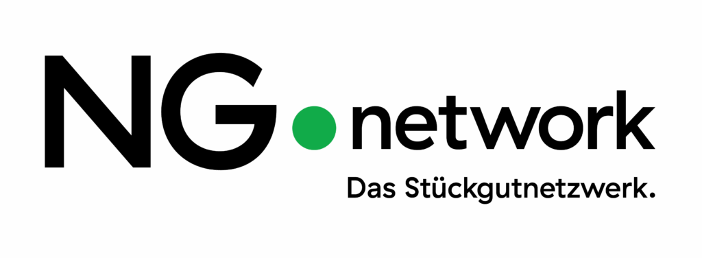 Das Logo zeigt den Schriftzug "NG-network" mit einem grünen Punkt zwischen "G" und "network", der auf die Kompetenz von Logistik hinweist. Darunter erscheint auf weißem Hintergrund der deutsche Satz "Das Stückgutnetzwerk". - NG.network